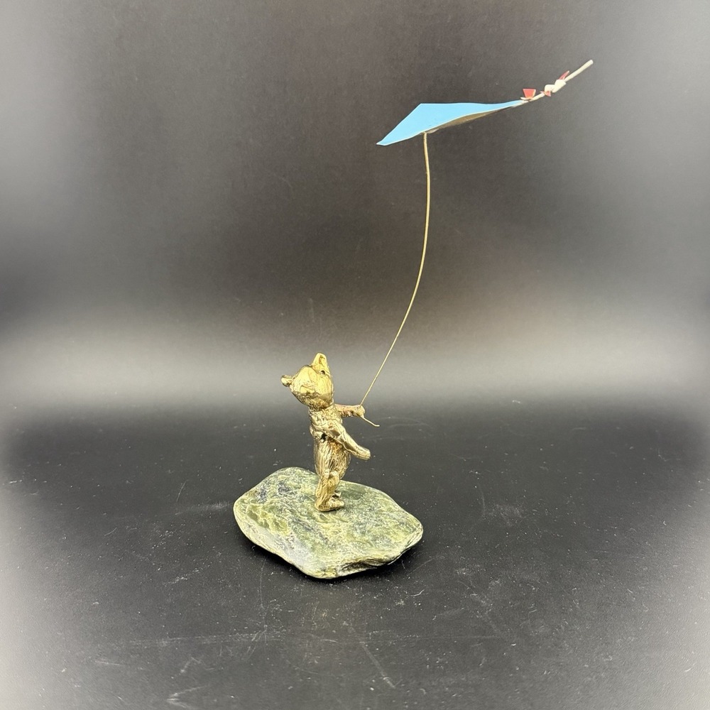 Vintage Winnie the Pooh Malcolm Moran Bronze Sculpture Gumps Jade Base Kite Fly